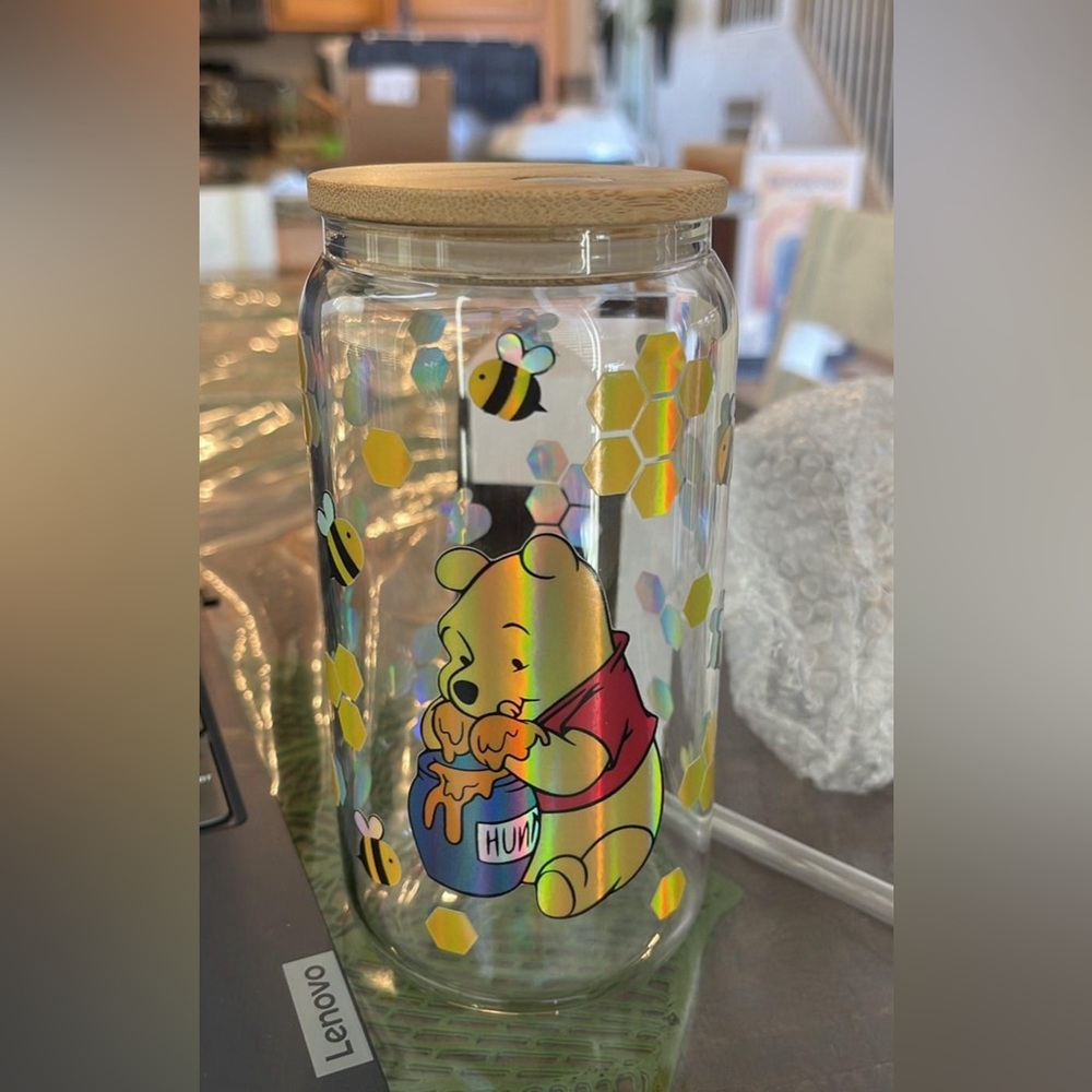 Winnie the Pooh Glass Cup w/straw